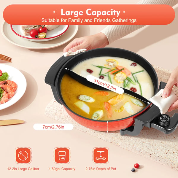 Sähköinen hotpot 6 l, kattila/paistinpannu, 2 lokeroa, 1360 W 220 V, tarttumaton, säädettävä lämpötila, monivärinen