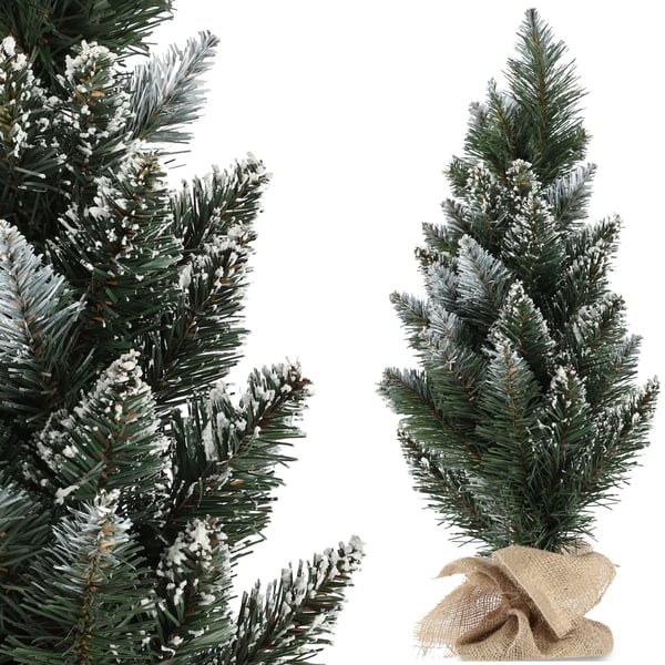 Kunstigt juletræ - Bordmodel fyr 50 cm - Sneeffekt - Jutesæk - Uden lys