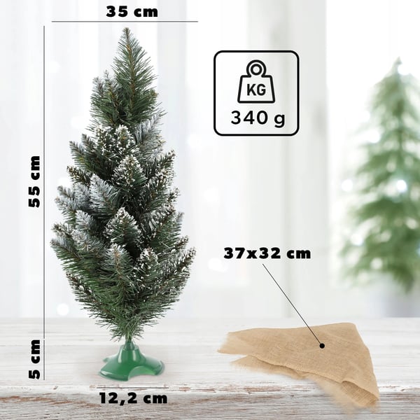 Kunstigt juletræ - Bordmodel fyr 50 cm - Sneeffekt - Jutesæk - Uden lys