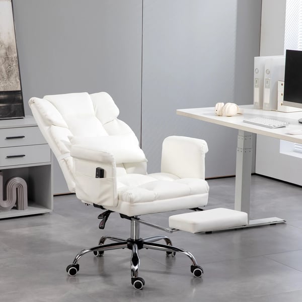 Kontorsstol - Ergonomisk skrivbordsstol - Elektrisk 6-punkts massage - Utdragbart fotstöd - Vit