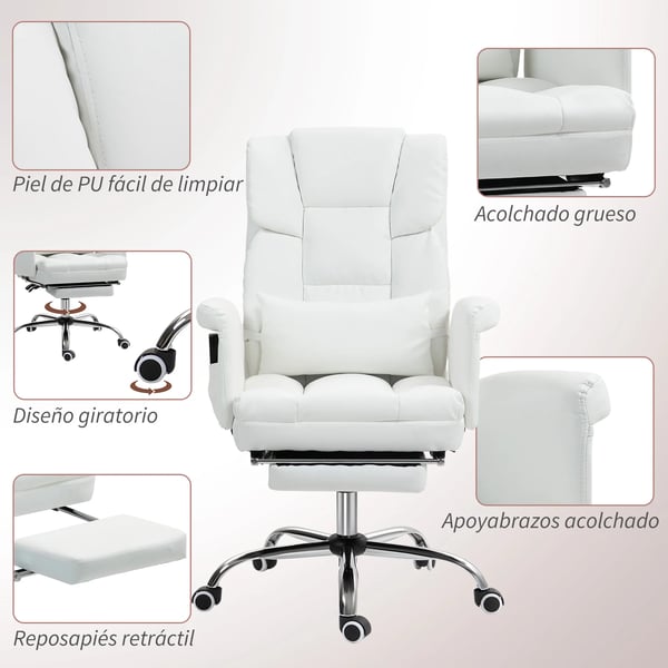 Kontorsstol - Ergonomisk skrivbordsstol - Elektrisk 6-punkts massage - Utdragbart fotstöd - Vit