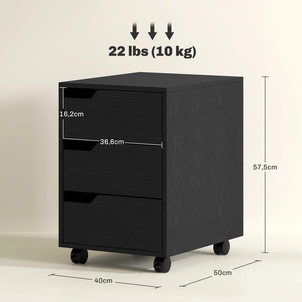 Rullhurts för kontor - Arkivhurts - 3 lådor - 40×50×57,5 cm - På hjul - Montering krävs - Svart