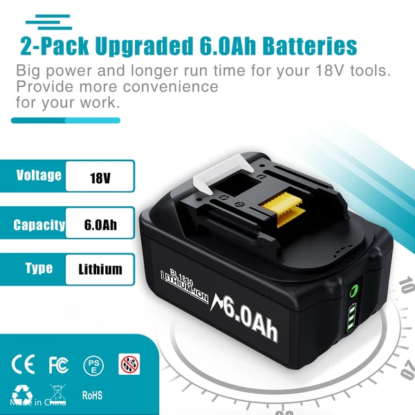 Erstatningsbatteri til Makita 18V, Li‑ion 6Ah (18650), kompatibel med BL1830/BL1840/BL1850, orange