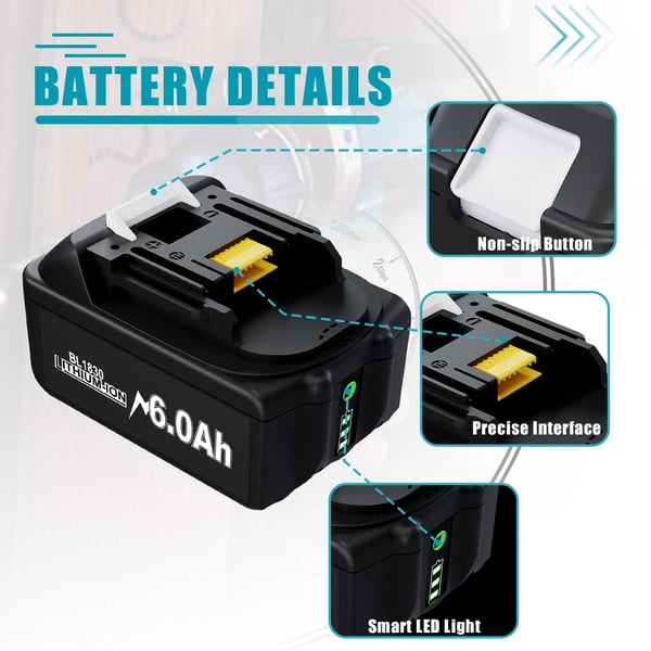 Erstatningsbatteri til Makita 18V, Li‑ion 6Ah (18650), kompatibel med BL1830/BL1840/BL1850, orange