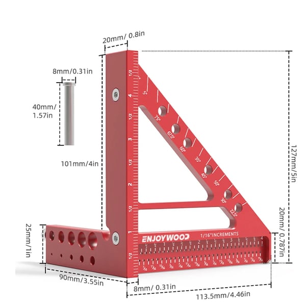 3D multivinkel vinkel - Kombinationsvinkel - Metrisk skala mm/cm - 22,5–90° gradskive - Hulpositionering - 12,7 cm - Guld