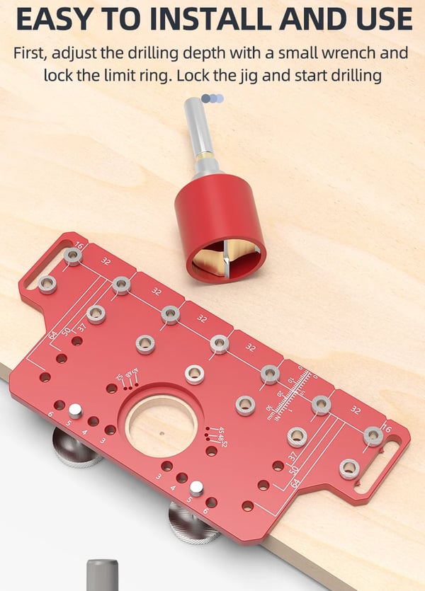 Borejig til hyldepinde og hængsler - 2‑i‑1 - Integreret klemme - Fuldmetal - 7 bor - Med kuffert - 223×98×25,4 mm