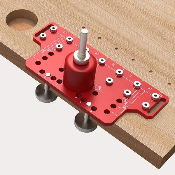 Borejig til hyldepinde og hængsler - 2‑i‑1 - Integreret klemme - Fuldmetal - 7 bor - Med kuffert - 223×98×25,4 mm