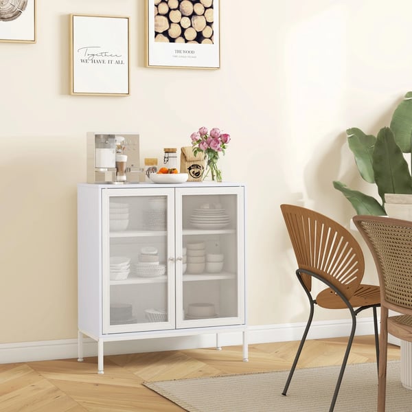 Skänk Sideboard - Kökskåp - 3 Nivåer - Gallerdörrar - 80x37x92 cm - Spånskiva med Melamin - Modern Stil - Vit