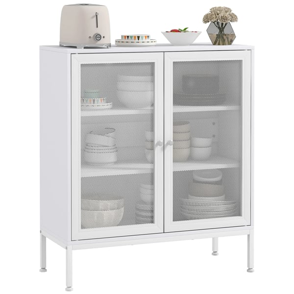 Skänk Sideboard - Kökskåp - 3 Nivåer - Gallerdörrar - 80x37x92 cm - Spånskiva med Melamin - Modern Stil - Vit