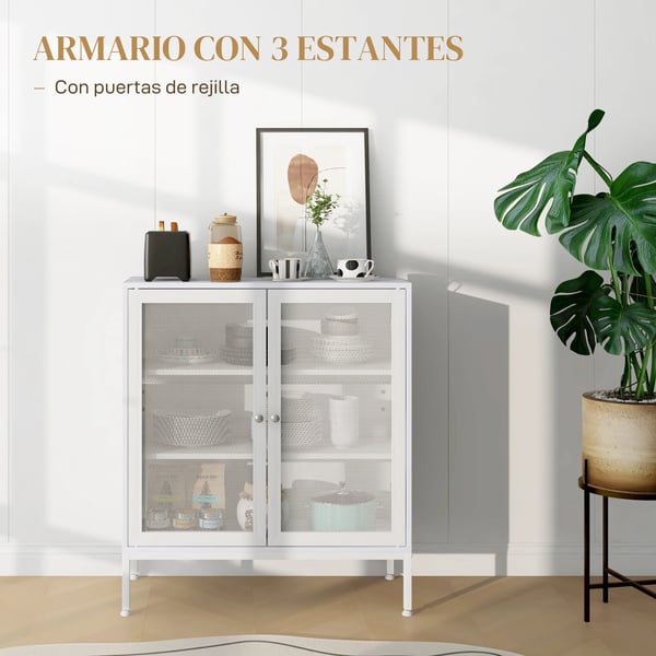 Skänk Sideboard - Kökskåp - 3 Nivåer - Gallerdörrar - 80x37x92 cm - Spånskiva med Melamin - Modern Stil - Vit