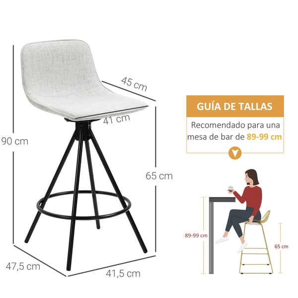 Köksbarstolar - 2-pack - Snurrbara 360° - Klädda i polyester - Stålben - Utan armstöd - 41,5x47,5x90 cm - Grå
