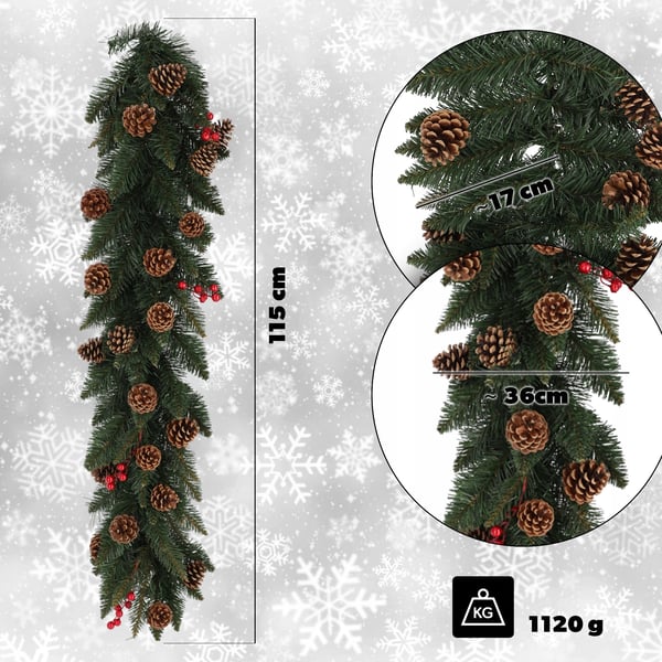 Juletræsguirlande - Gran-guirlande - 115 cm - Med kogler - Uden lys - Naturligt udseende