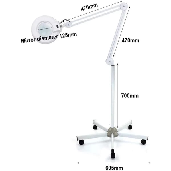 LED gulvlampe, 5x luplampe med justerbar svingarm og gulvstativ, til skønhed/kosmetik/makeup/manicure/tatovering, hvid