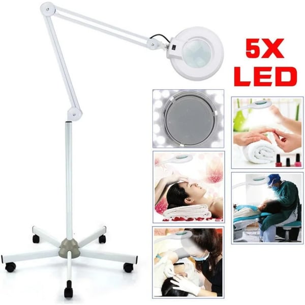 LED gulvlampe, 5x luplampe med justerbar svingarm og gulvstativ, til skønhed/kosmetik/makeup/manicure/tatovering, hvid