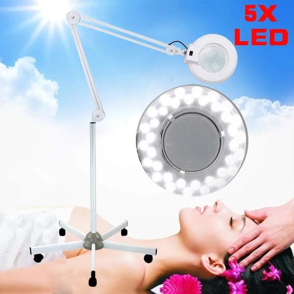 LED gulvlampe, 5x luplampe med justerbar svingarm og gulvstativ, til skønhed/kosmetik/makeup/manicure/tatovering, hvid