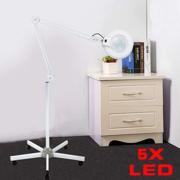 LED gulvlampe, 5x luplampe med justerbar svingarm og gulvstativ, til skønhed/kosmetik/makeup/manicure/tatovering, hvid
