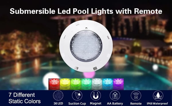 Nedsænkelig LED-poollampe, 11,6 tommer, 12V 36W, RGB 7 farver + 2 tilstande, til pool/havedam, rosa