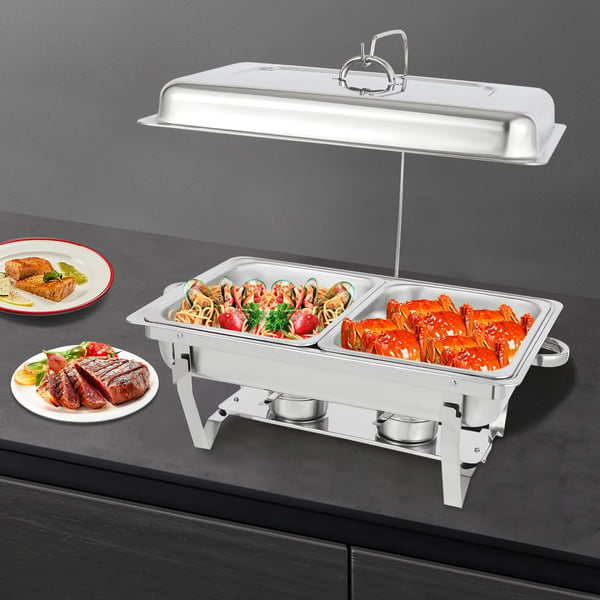 Chafing dish buffetserver - GN 2/3 - 2 rum - Rustfrit stål - Med låg - Rektangulær - Sølv