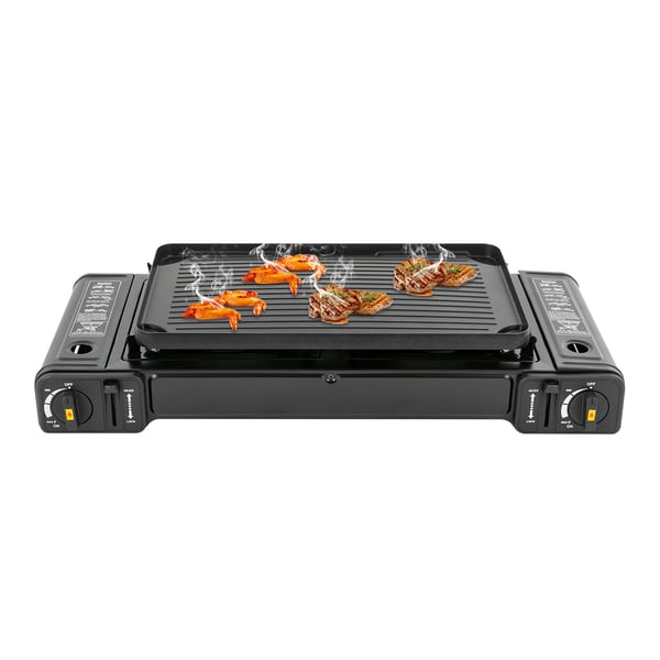 Bærbar gasgrill/gaskomfur - 2 brændere - Bageplade/grillplade - Butan - Piezo-tænding - Aluminium - Til udendørs/camping - Sort