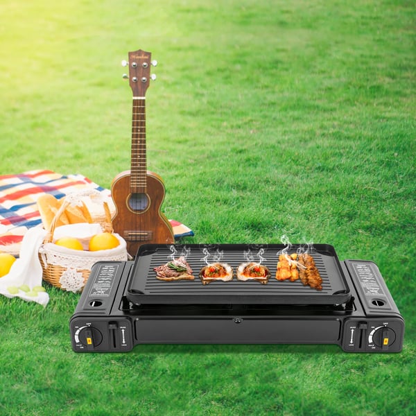 Bærbar gasgrill/gaskomfur - 2 brændere - Bageplade/grillplade - Butan - Piezo-tænding - Aluminium - Til udendørs/camping - Sort