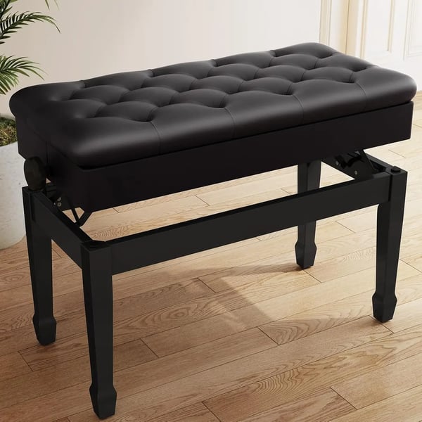 Pianobænk - Dobbelt højdejusterbar - Ægte læderpolstring - Træramme - Sædestørrelse 73×36 cm - Højde 49–59 cm - Sort