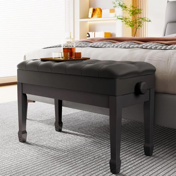 Pianobænk - Dobbelt højdejusterbar - Ægte læderpolstring - Træramme - Sædestørrelse 73×36 cm - Højde 49–59 cm - Sort