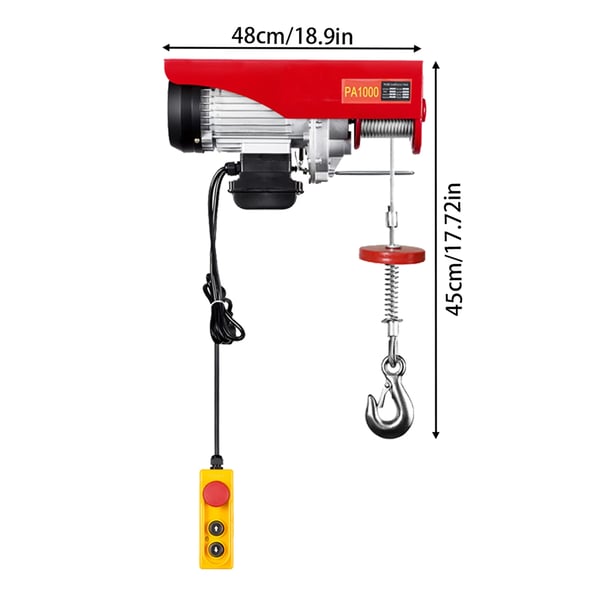 1600 W elektrisk wiretalje, løftekapacitet 500–1000 kg, løftehøjde 6–12 m, rød