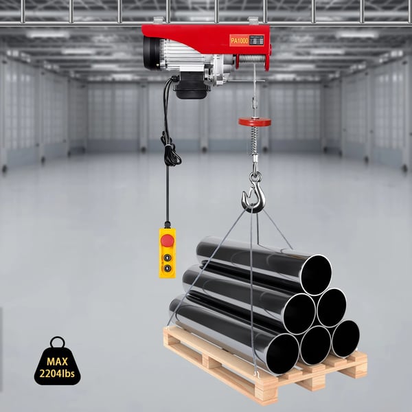 1600 W elektrisk wiretalje, løftekapacitet 500–1000 kg, løftehøjde 6–12 m, rød