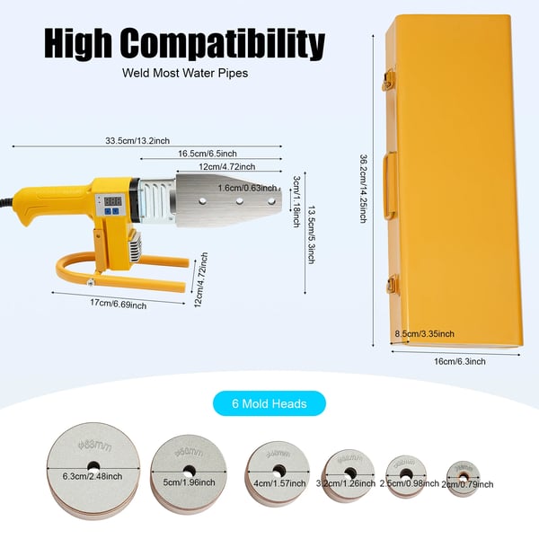 Muoviputkien hitsauslaite - Sähköinen putkihitsauskone 800 W - 20–63 mm - 220 V - PPR/PPC/PE - Työkalupakki mukana