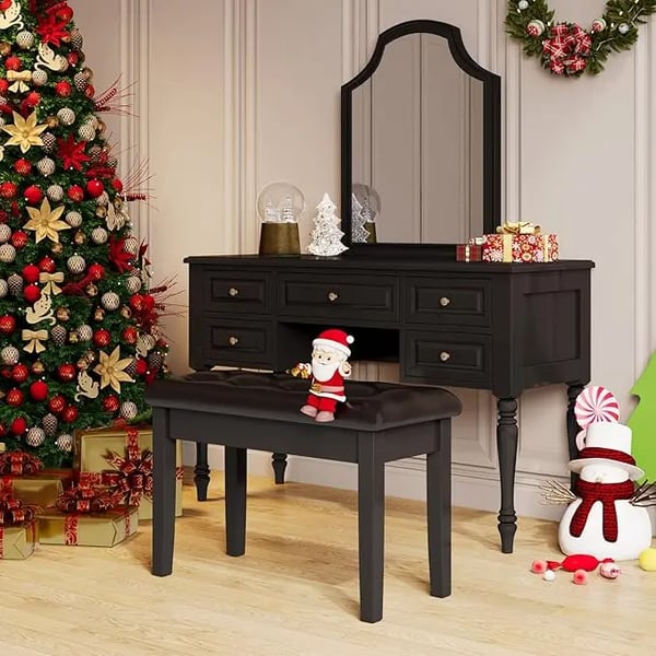 Pianobänk i trä - Dubbelbänk med förvaring - Äkta läderdyna - Mått 55×35×49 cm - Max 150 kg - Stoppad sits - Svart