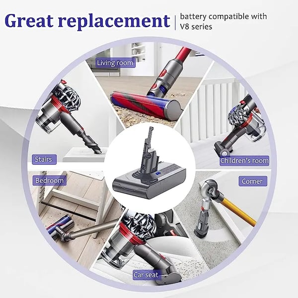 Dyson V8, Erstatningsbatteri 6000 mAh 21700-celle, kompatibel med V8 Absolute/Animal SV10, sort