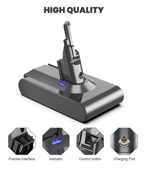 Dyson V8, udskiftningsbatteri, 21,6 V litium-ion 6000 mAh 21700-celler, grå, kompatibel med V8 Absolute/Fluffy