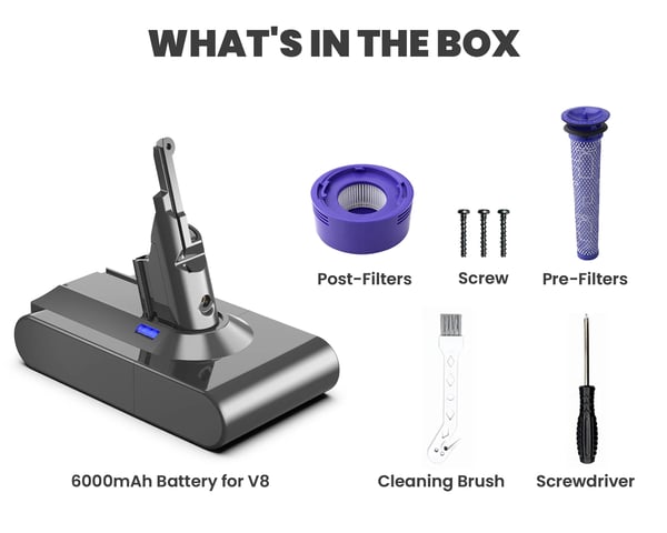 Dyson V8, udskiftningsbatteri, 21,6 V litium-ion 6000 mAh 21700-celler, grå, kompatibel med V8 Absolute/Fluffy