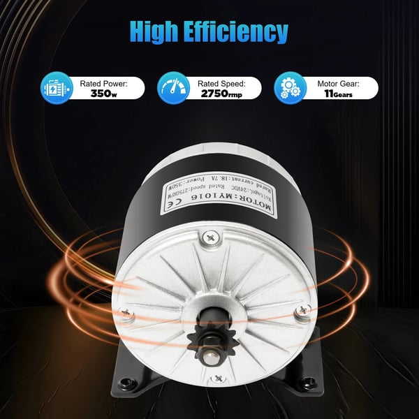 Elektrisk DC-motor - MY1016 (25H 11 tænder) - 24 V 350 W - Reversibel - Til elscooter og vindmølle - Sort