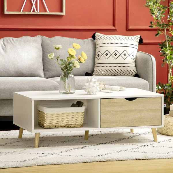 Soffbord - Vardagsrumsbord - 2 Lådor & Öppna Fack - 106x58x39,5 cm - Melaminbelagd yta - Modern stil - Vit