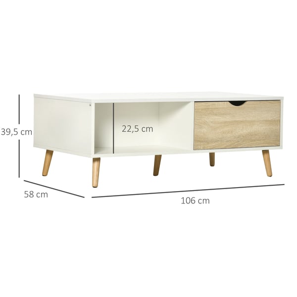 Soffbord - Vardagsrumsbord - 2 Lådor & Öppna Fack - 106x58x39,5 cm - Melaminbelagd yta - Modern stil - Vit