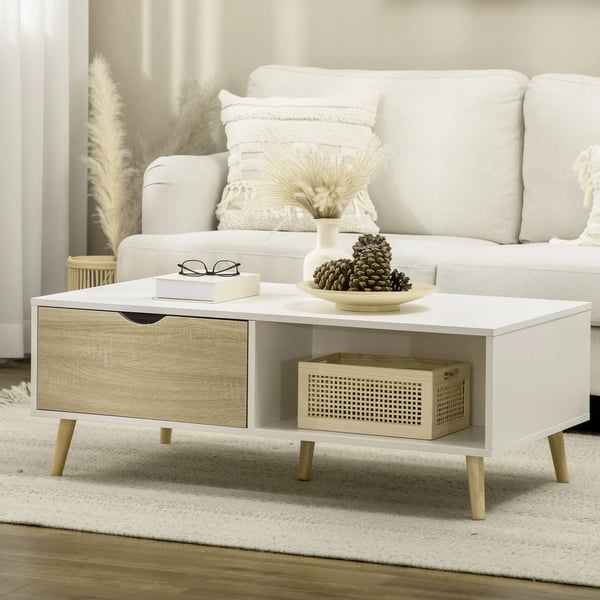 Soffbord - Vardagsrumsbord - 2 Lådor & Öppna Fack - 106x58x39,5 cm - Melaminbelagd yta - Modern stil - Vit