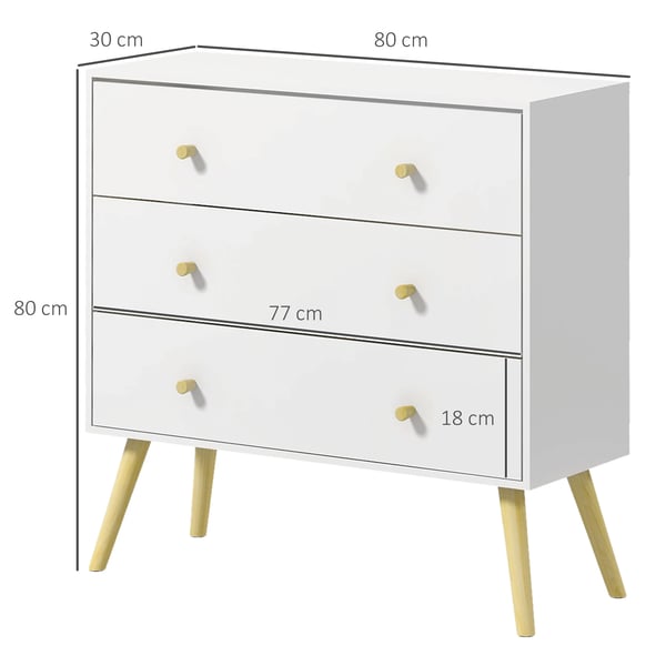 Sovrumsmöbel - Byrå/sängbord - 3 lådor - Ben i furu - Stomme i melamin - 80x30x80 cm - Modern minimalistisk - Vit