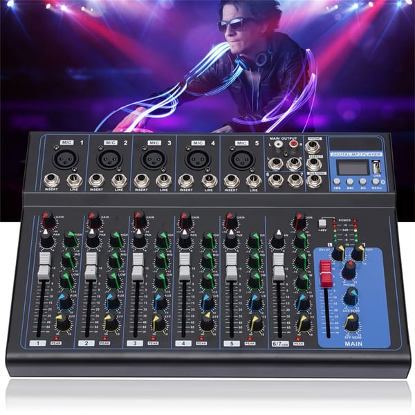 Professionel 7-kanals lydmixer, digital stereo DJ-mixerpult, sort