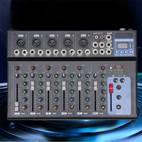 Professionel 7-kanals lydmixer, digital stereo DJ-mixerpult, sort