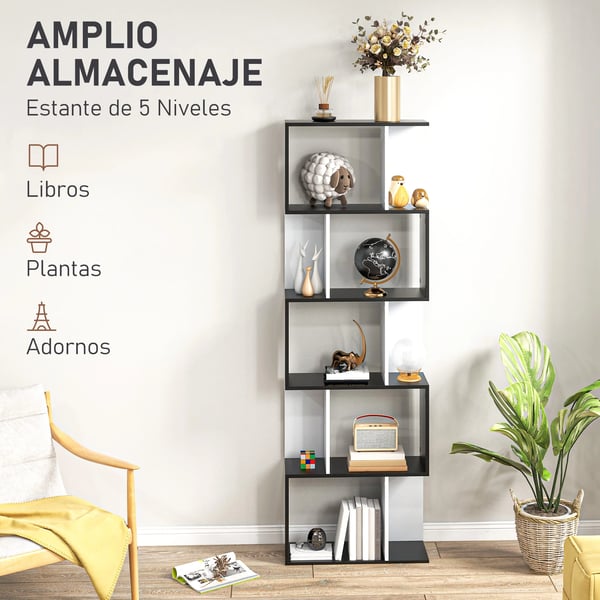Bokhylla - S-formad - 5 Hyllplan - 60×24×184,5 cm - Svart