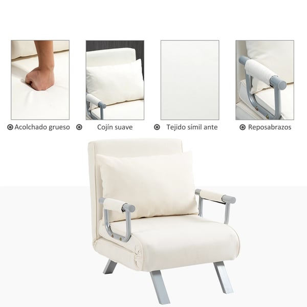 Bäddfåtölj - 1-sits - Ställbar rygg - Med kudde - Syntetläder - 65×69×80 cm - Modern stil - Kräm