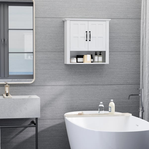 Badrumsskåp - Väggskåp - 2 Dörrar - Justerbar Hylla - 60 x 19,8 x 58 cm - Montering Krävs