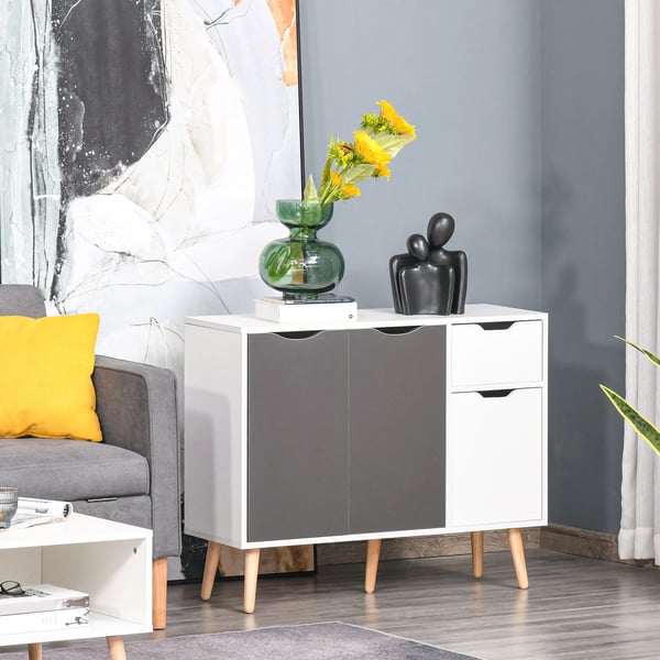 Skänk / Sideboard - Vardagsrumsmöbel - 3 dörrar & låda - 90x30x72 cm - Montering krävs - Vit/grå