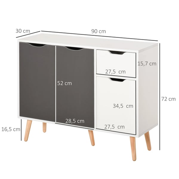 Skänk / Sideboard - Vardagsrumsmöbel - 3 dörrar & låda - 90x30x72 cm - Montering krävs - Vit/grå