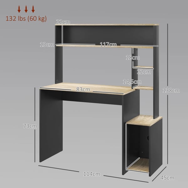 Skrivbord med hyllor - Datorbord - Rektangulär - Montering krävs - För skola/kommersiellt bruk - 114 x 45 x 138 cm - Grå/natur