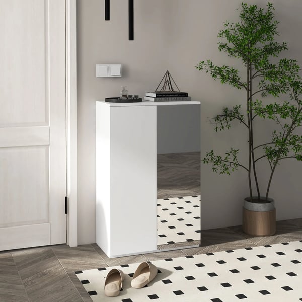 Skoskåp med spegel - Skoskåp/Skoställ - 5 Hyllor - Rymmer 18 Par - 60×32×95 cm - Vit