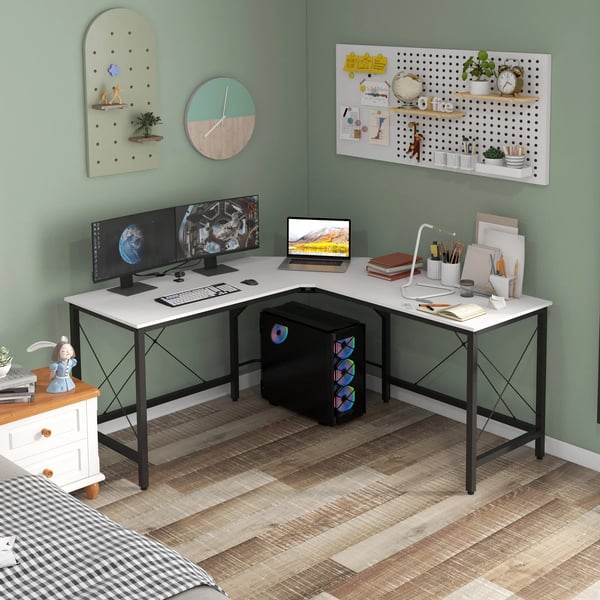 Hörnskrivbord L-format - Kontorsskrivbord - Stålram - 150x150x76 cm - Montering krävs - Vit