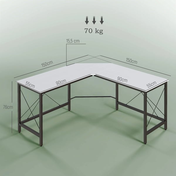 Hörnskrivbord L-format - Kontorsskrivbord - Stålram - 150x150x76 cm - Montering krävs - Vit