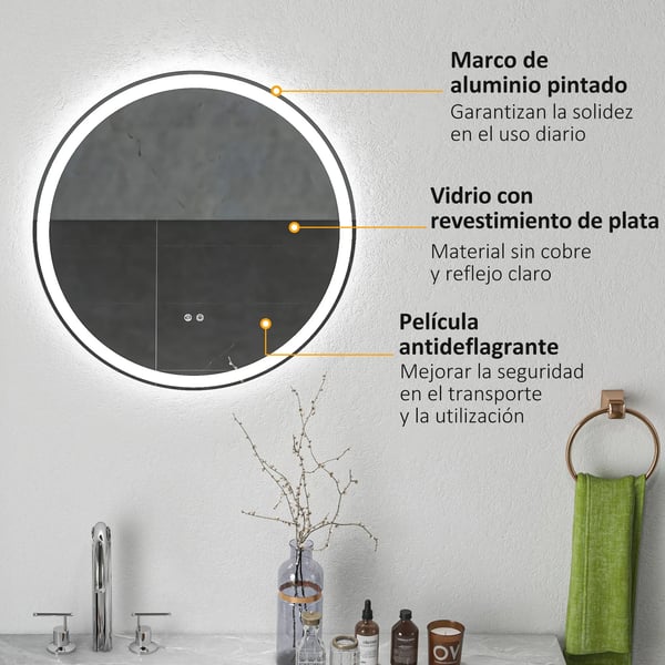 Badrumsspegel - Rund Väggspegel - Ø 60 cm - Justerbar LED-belysning - Imfri - Montering krävs - Silver